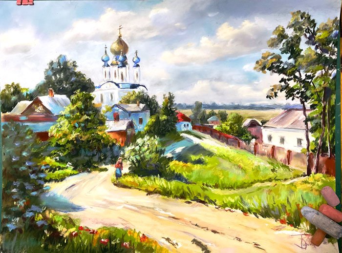 Деревенская церковь летний пейзаж пастелью