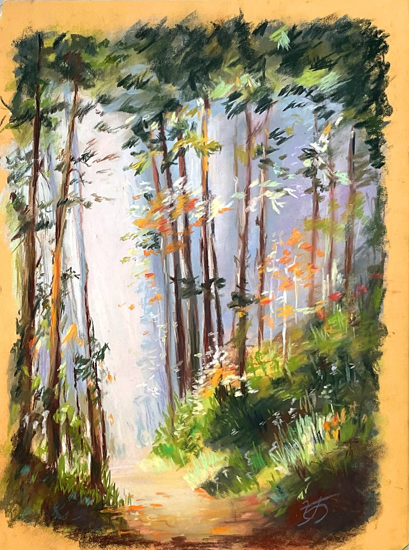 Лесная дорога с берёзами — пастельный пейзаж 30×40 см