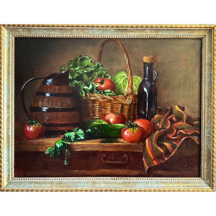 Натюрморт с овощами в корзине — масляная живопись 30×40 см в раме - 4