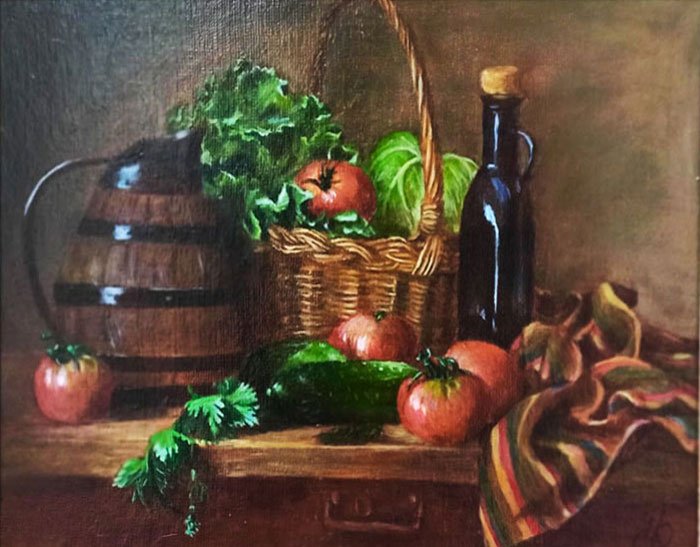 Натюрморт с овощами в корзине — масляная живопись 30×40 см в раме