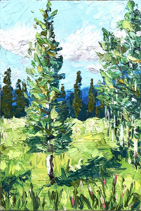 Картина маслом Одинокая береза, мастихин, 20х30 см