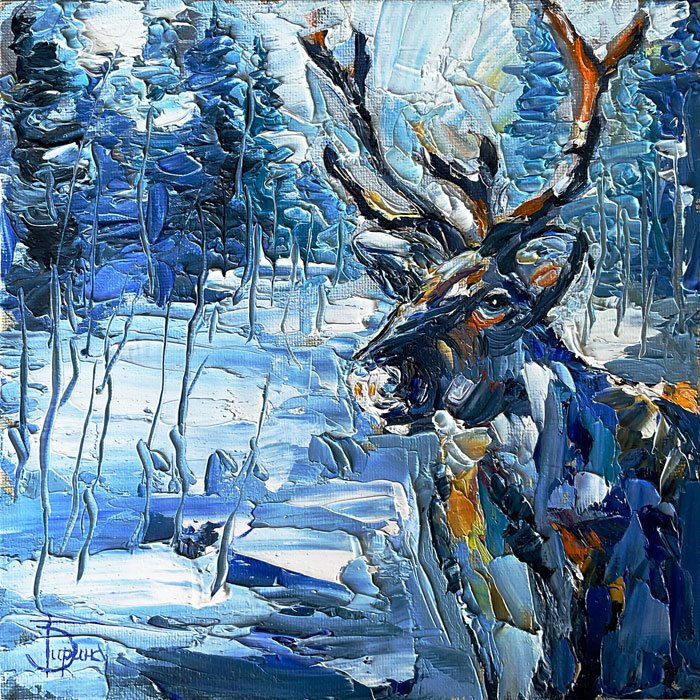 Северный олень в зимнем лесу — мини картина маслом 20×20 см, серия «Северные истории»