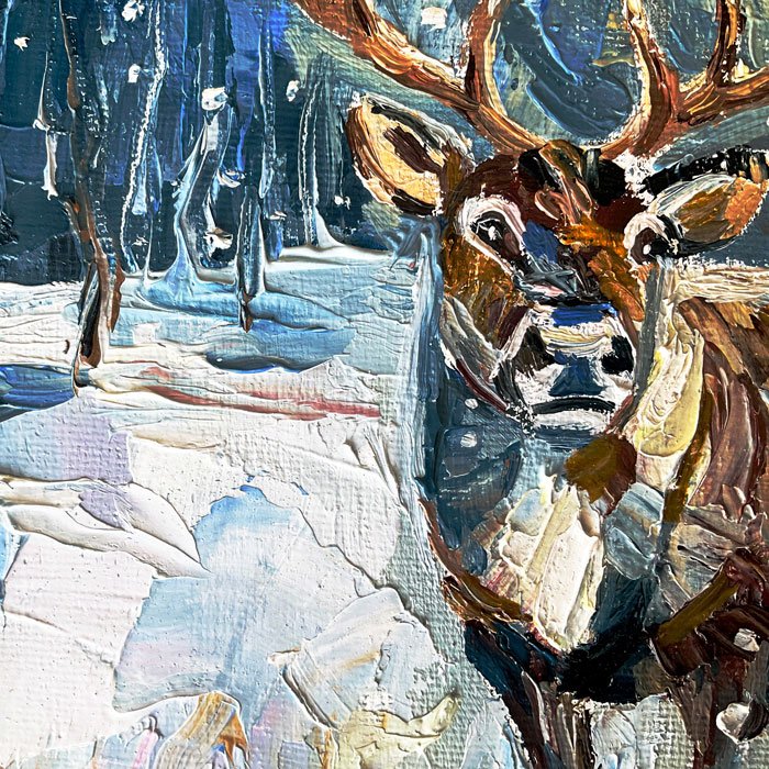 Олень в синем лесу — мини картина маслом 20×20 см, серия «Северные истори - 3