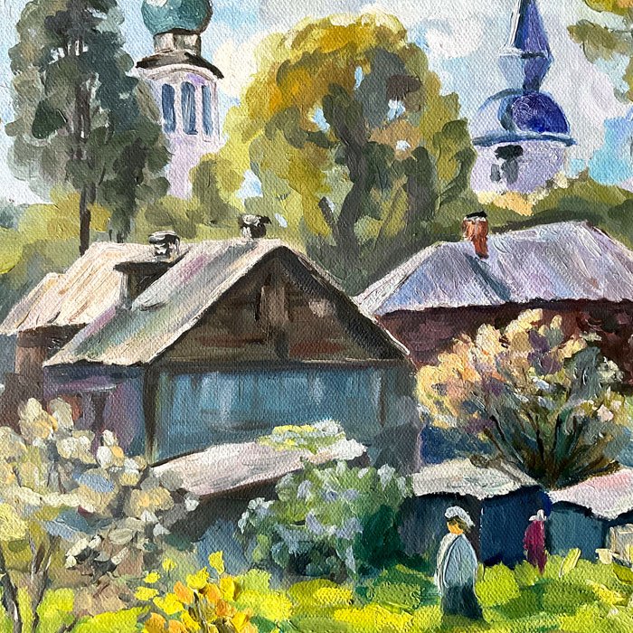Деревенский пейзаж с домами и церковью — картина маслом 50×60 см - 2