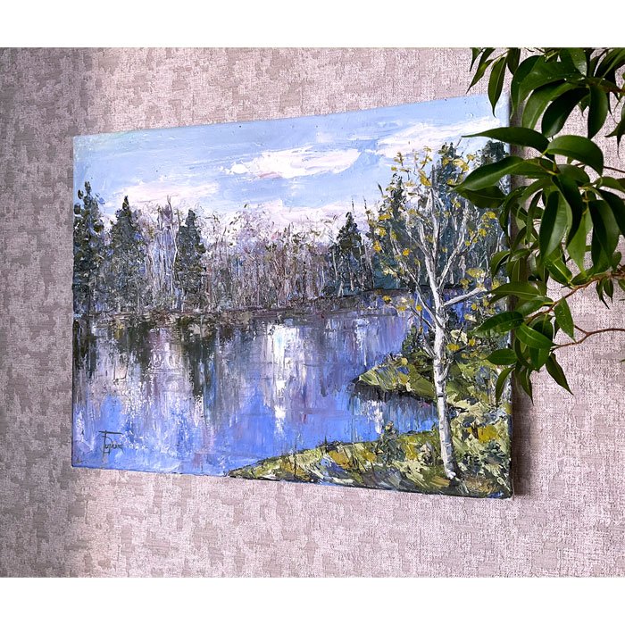 Этюд с озером и лесом — пейзаж маслом с натуры 50×40 см - 4