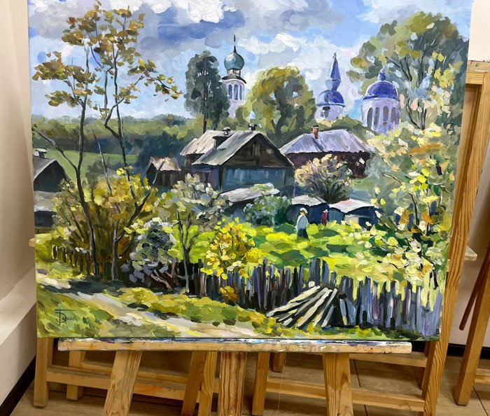 Деревенский пейзаж с домами и церковью — картина маслом 50×60 см - 6