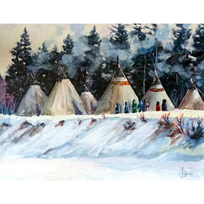 Северная деревня с чумами — зимний пейзаж маслом, картина 40×50 см в раме