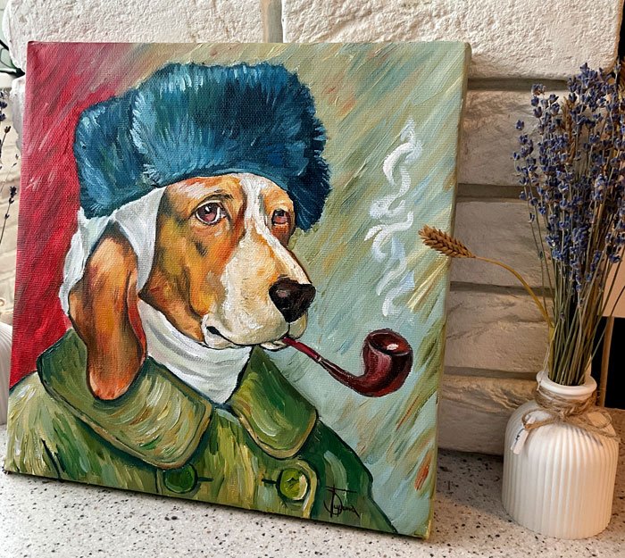 Пес с трубкой — картина в стиле Ван Гога, 30×30 см, холст на подрамнике - 3
