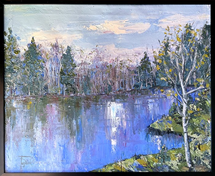 Этюд с озером и лесом — пейзаж маслом с натуры 50×40 см - 5
